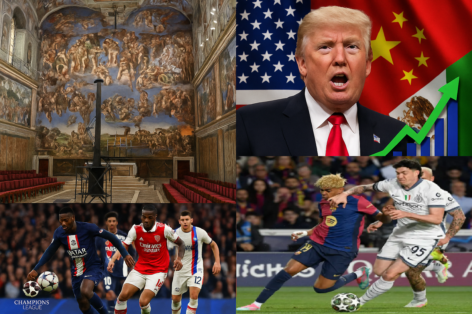 Três notícias mundiais em destaque: O papa na religião, o Trump na política e a final da Champions nos esporte!